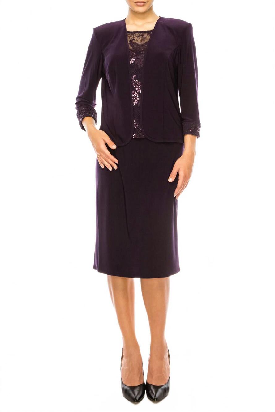 NEW MAYA BROOKE floral embroidered sequin jacket dress in eggplant